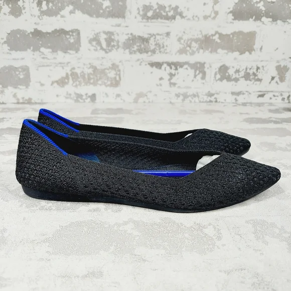 New Rothy's The Flat Black Knit Pointy Toe Slip On Loafers W1017